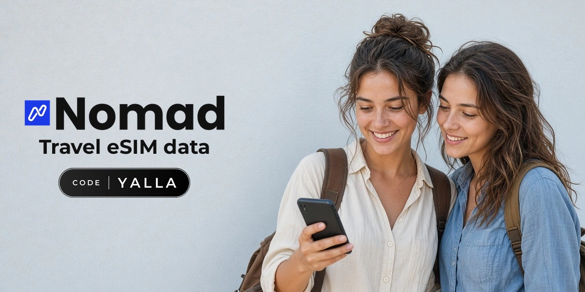 Nomad promo code YALLA banner with shoppers enjoying eSIM travel data
