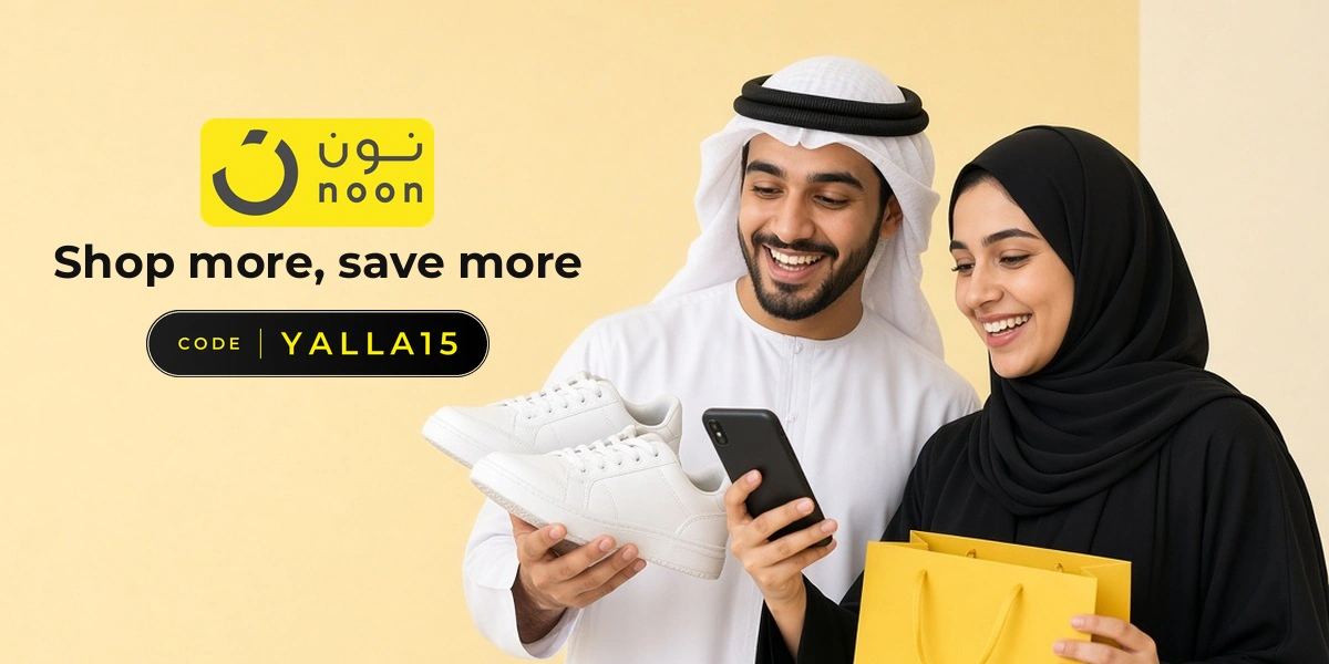 noon promo code YALLA15 banner with shoppers enjoying their latest finds