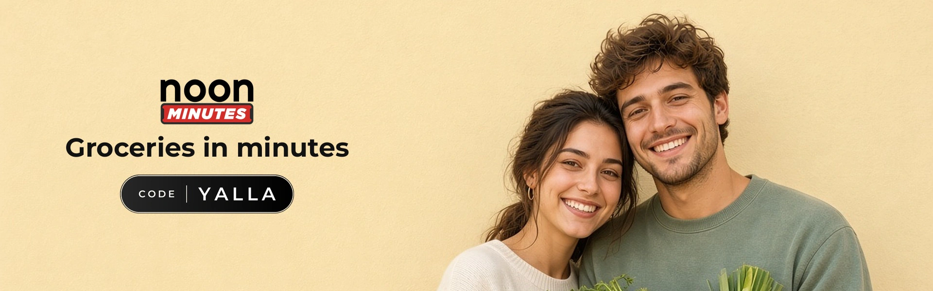 noon Minutes promo code YALLA banner with shoppers enjoying grocery delivery
