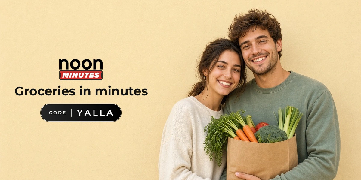 noon Minutes promo code YALLA banner with shoppers enjoying grocery delivery