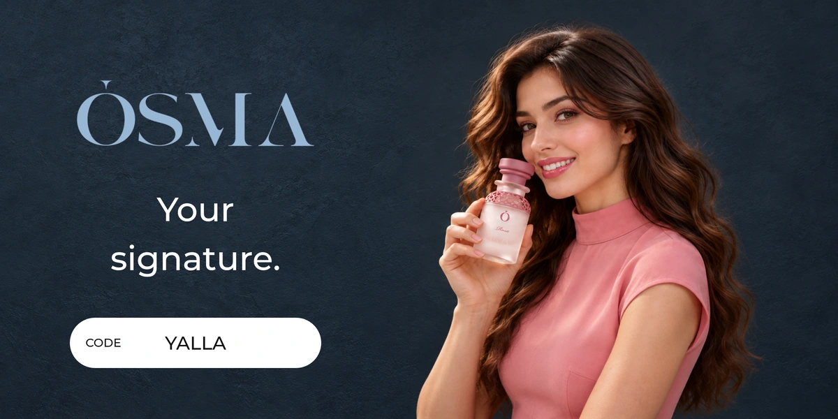 Osma Perfumes promo code YALLA banner with shoppers enjoying perfume