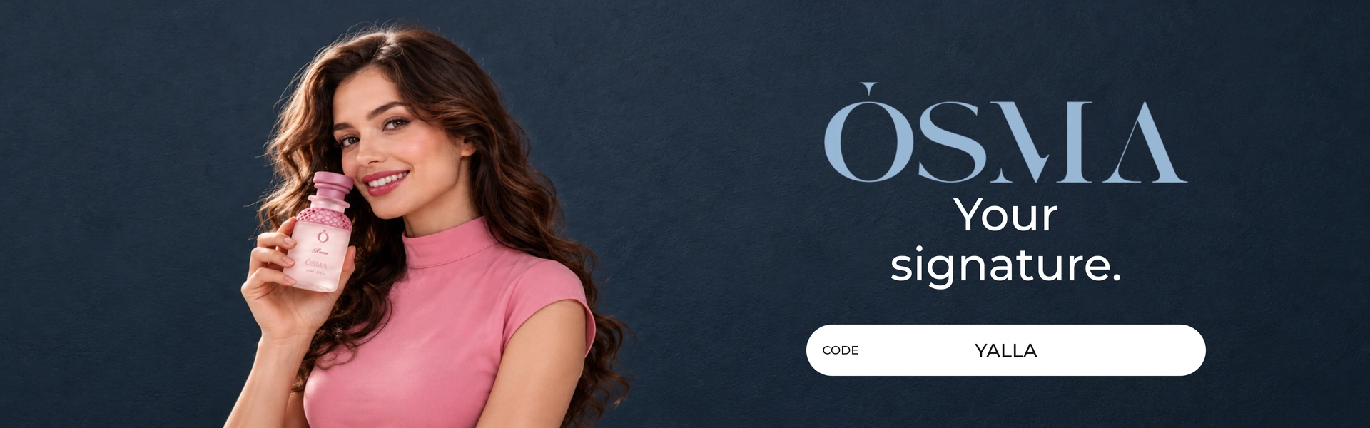 Osma Perfumes promo code YALLA banner with shoppers enjoying perfume