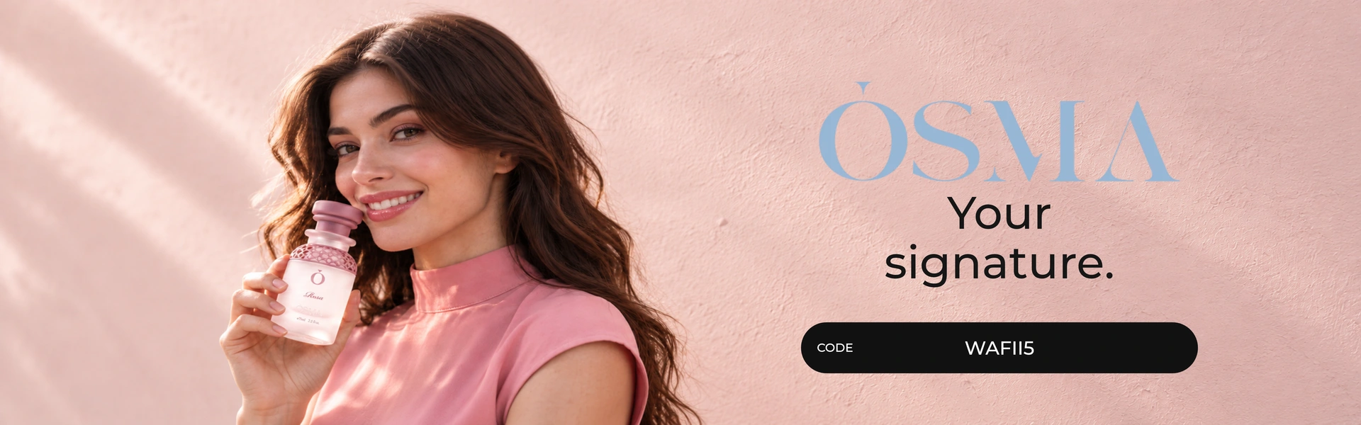 Osma Perfumes promo code WAFII5 banner with shoppers enjoying perfume