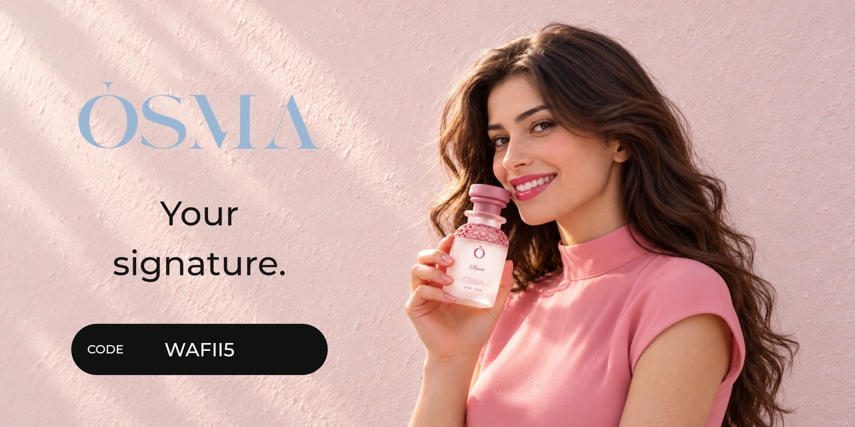 Osma Perfumes promo code WAFII5 banner with shoppers enjoying perfume