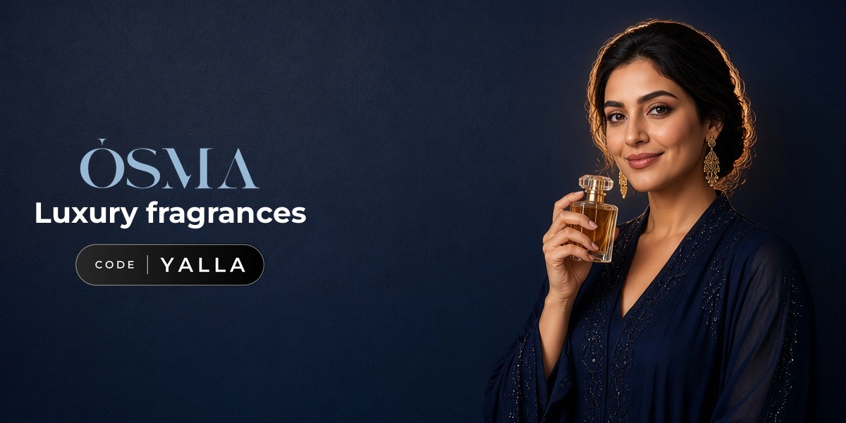 Osma Perfumes promo code YALLA banner with shoppers enjoying perfume