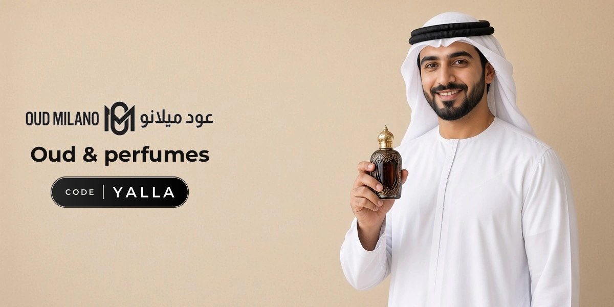 Oud Milano promo code YALLA banner with shoppers enjoying oud perfume