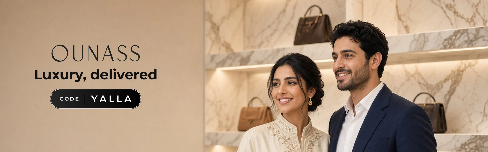 Ounass promo code YALLA banner with shoppers enjoying luxury fashion