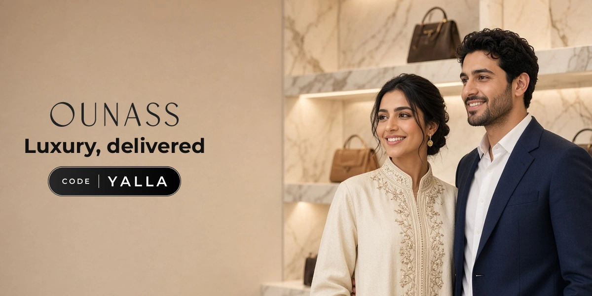 Ounass promo code YALLA banner with shoppers enjoying luxury fashion
