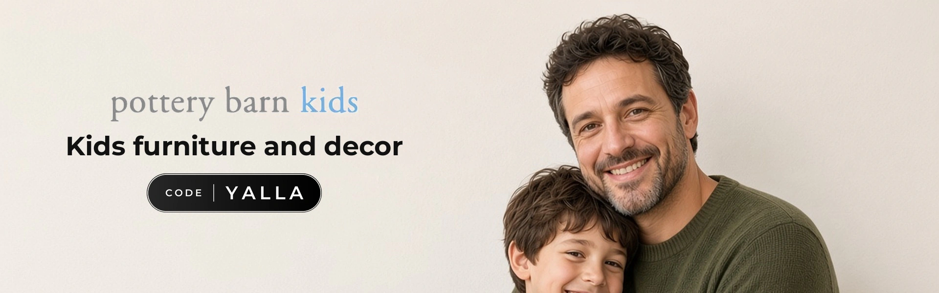 Pottery Barn Kids promo code YALLA banner with shoppers enjoying kids furniture
