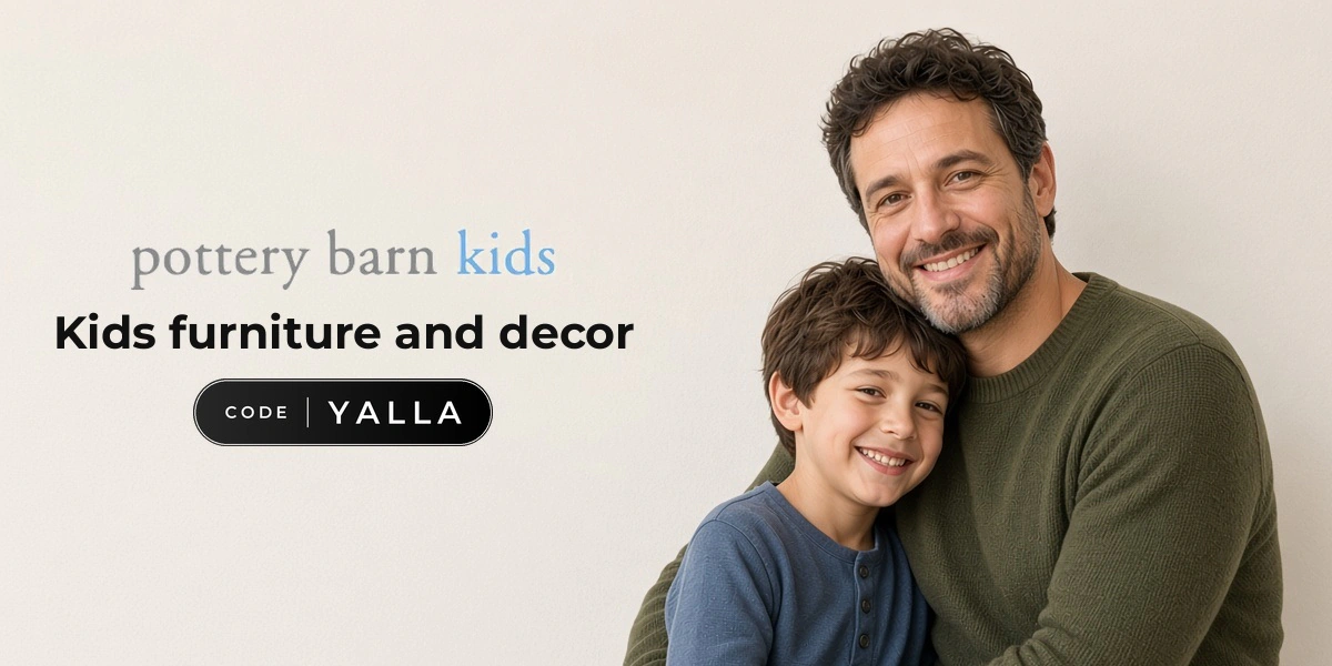 Pottery Barn Kids promo code YALLA banner with shoppers enjoying kids furniture