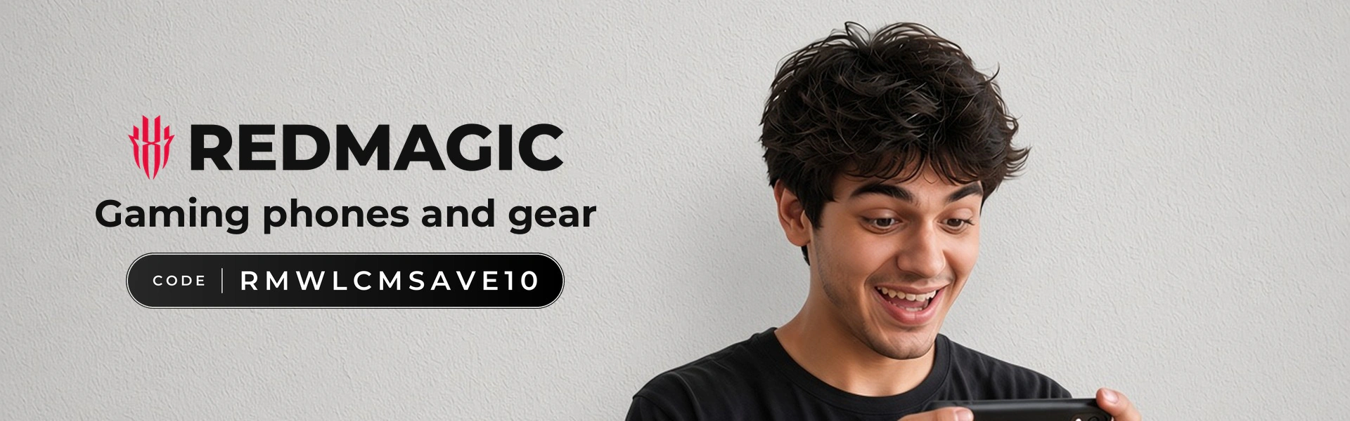 REDMAGIC promo code RMWLCMSAVE10 banner with shoppers enjoying gaming phone