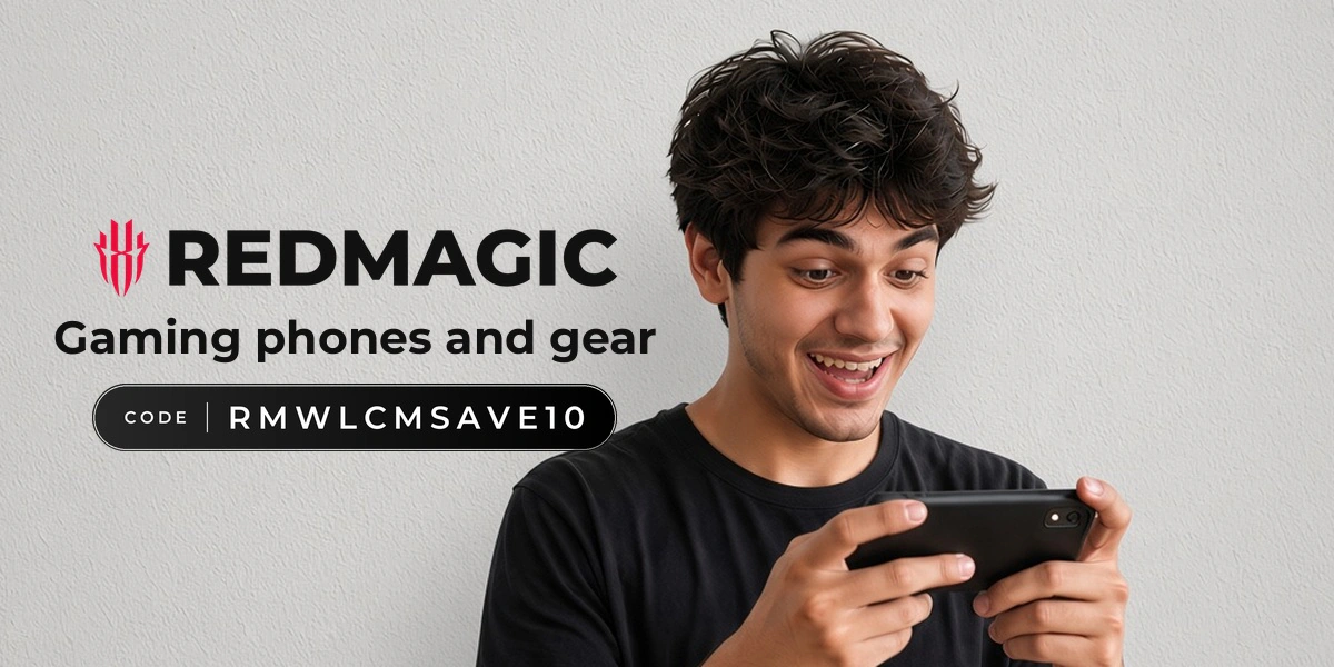 REDMAGIC promo code RMWLCMSAVE10 banner with shoppers enjoying gaming phone