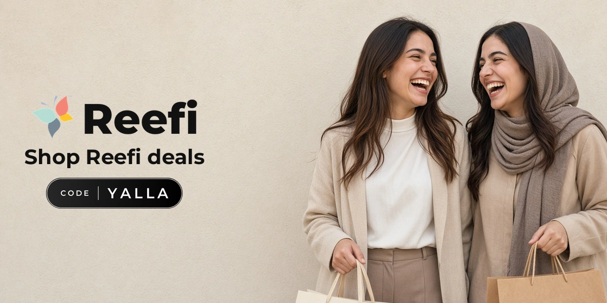 Reefi promo code YALLA banner with shoppers enjoying shopping