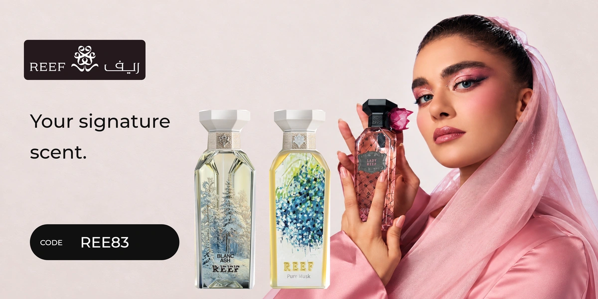 Reef Perfumes promo code REE83 banner with shoppers enjoying perfume