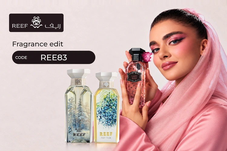 Reef Perfumes promo code REE83 banner with shoppers enjoying perfume