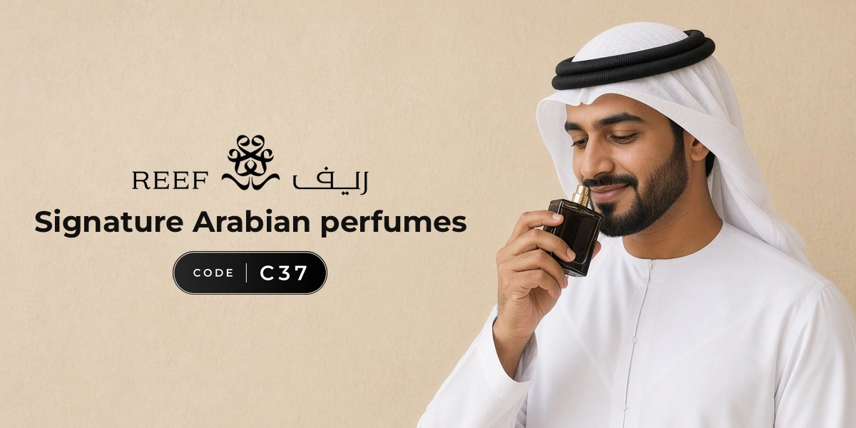 Reef Perfumes promo code C37 banner with shoppers enjoying perfume
