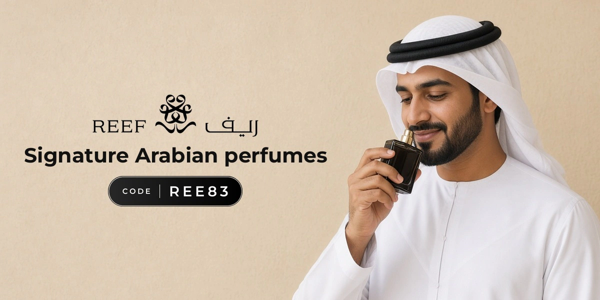 Reef Perfumes promo code REE83 banner with shoppers enjoying perfume