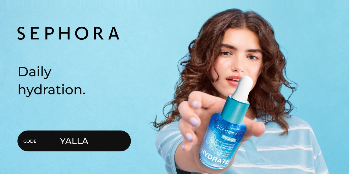 Sephora promo code YALLA banner with shoppers enjoying beauty products