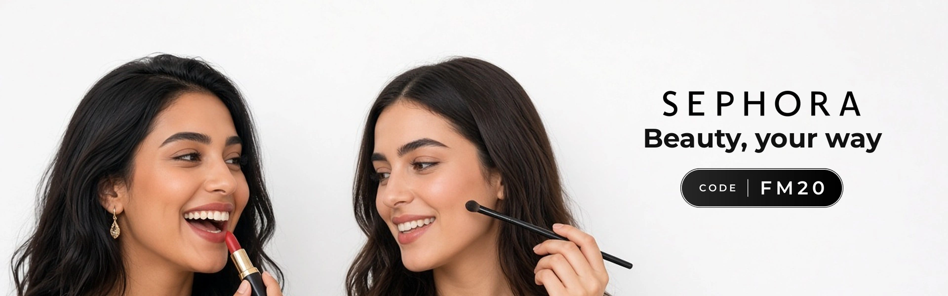 Sephora promo code FM20 banner with shoppers enjoying beauty products