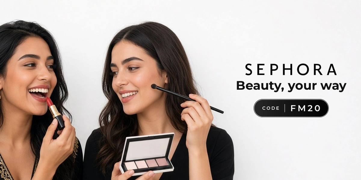 Sephora promo code FM20 banner with shoppers enjoying beauty products