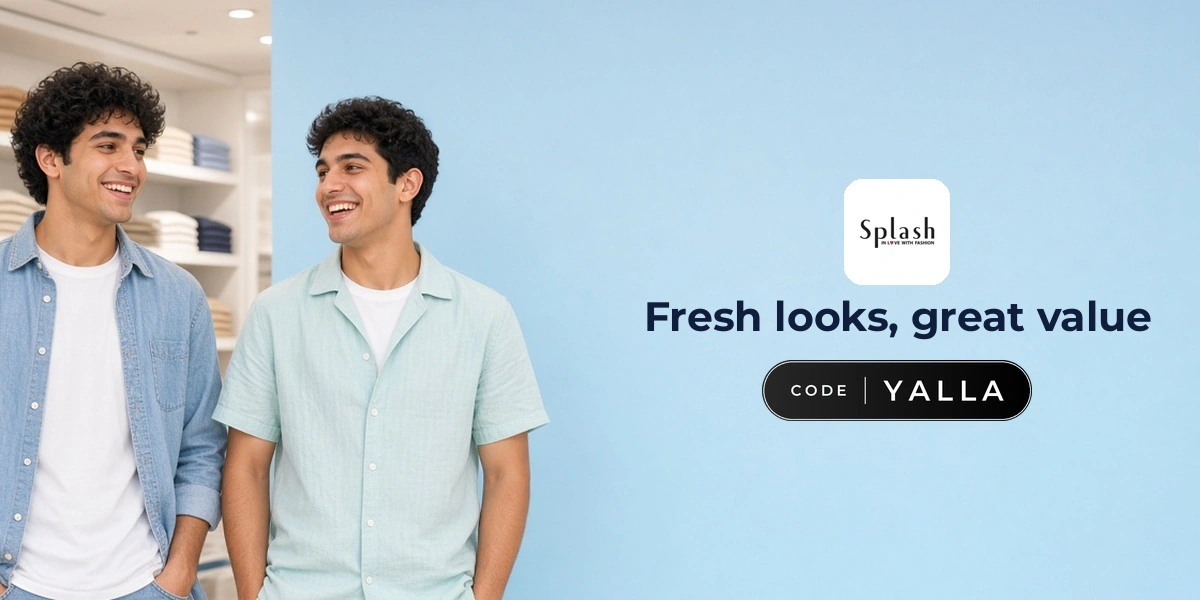 Splash promo code YALLA banner with shoppers enjoying fresh casual looks
