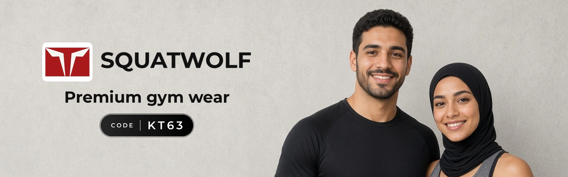 SQUATWOLF promo code KT63 banner with shoppers enjoying premium gym wear