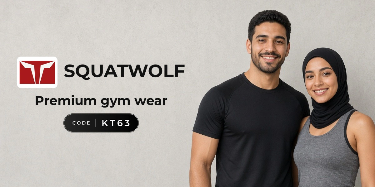 SQUATWOLF promo code KT63 banner with shoppers enjoying premium gym wear