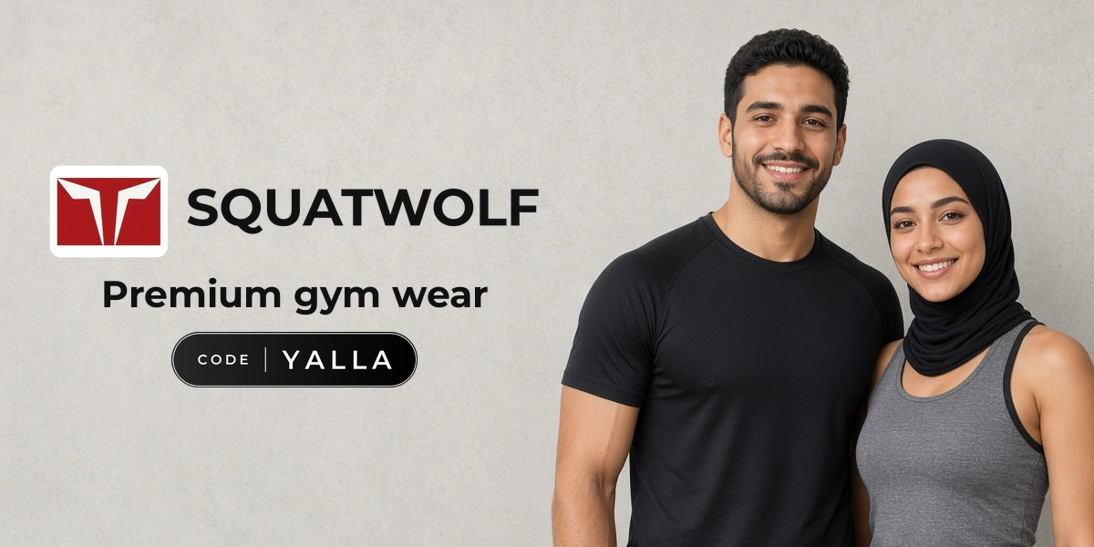 SQUATWOLF promo code YALLA banner with shoppers enjoying premium gym wear
