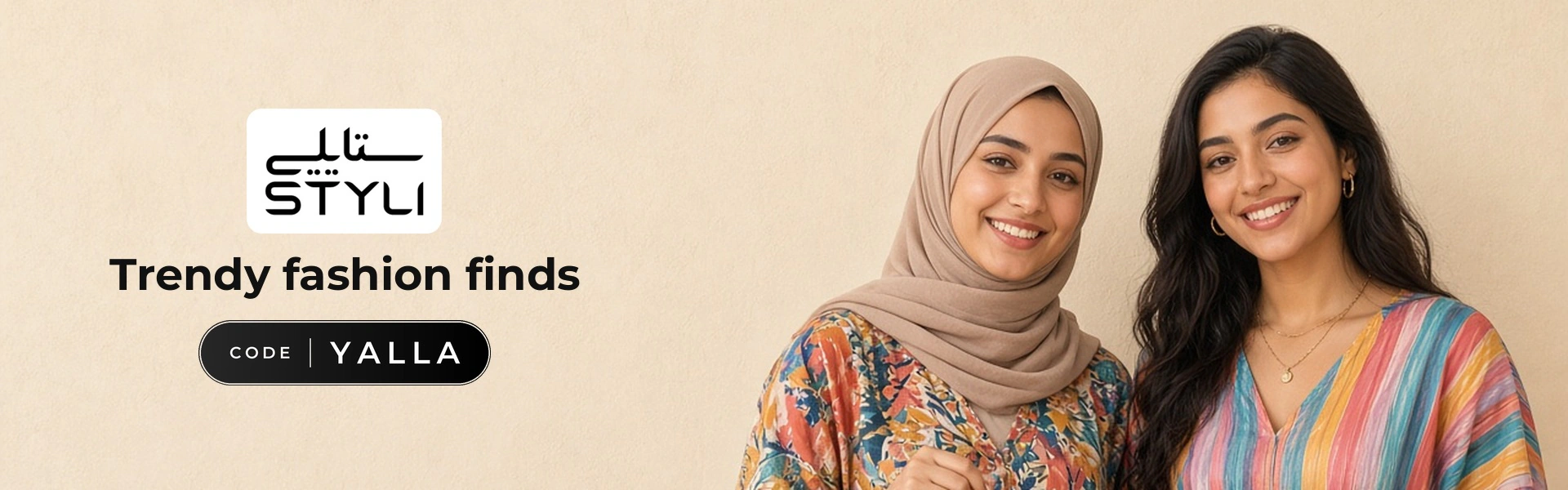 STYLI promo code YALLA banner with shoppers enjoying trendy fashion
