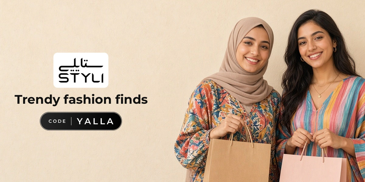 STYLI promo code YALLA banner with shoppers enjoying trendy fashion