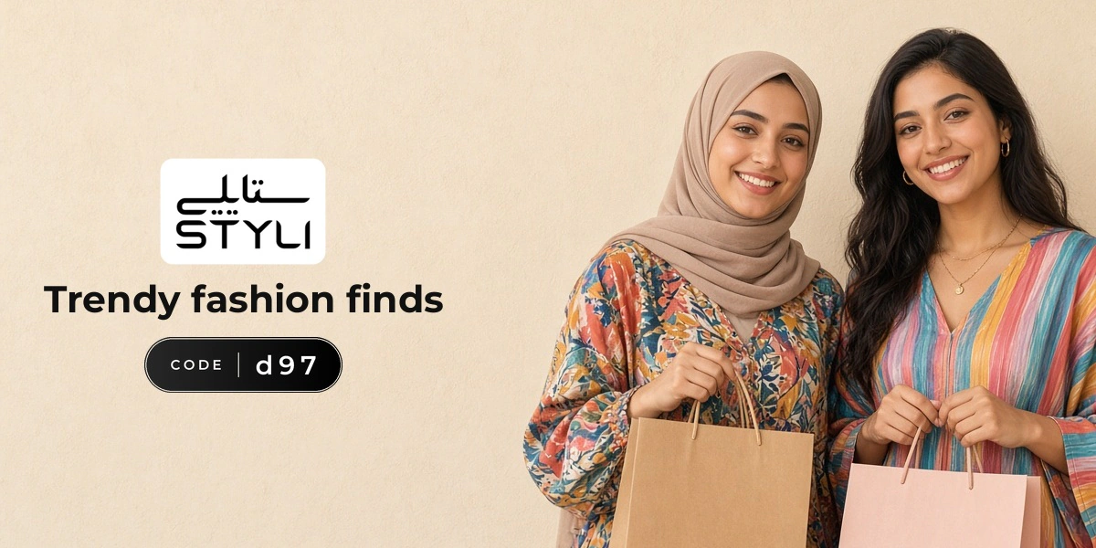 STYLI promo code d97 banner with shoppers enjoying trendy fashion