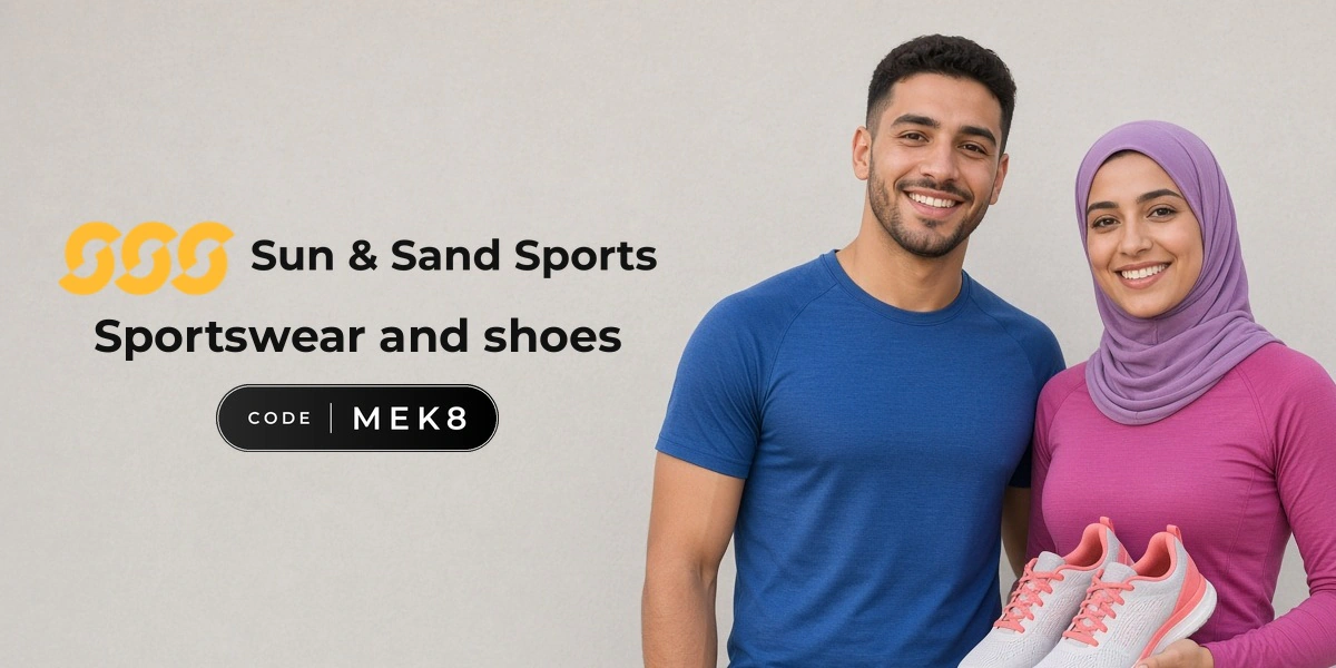 Sun & Sand Sports promo code MEK8 banner with shoppers enjoying sportswear and shoes