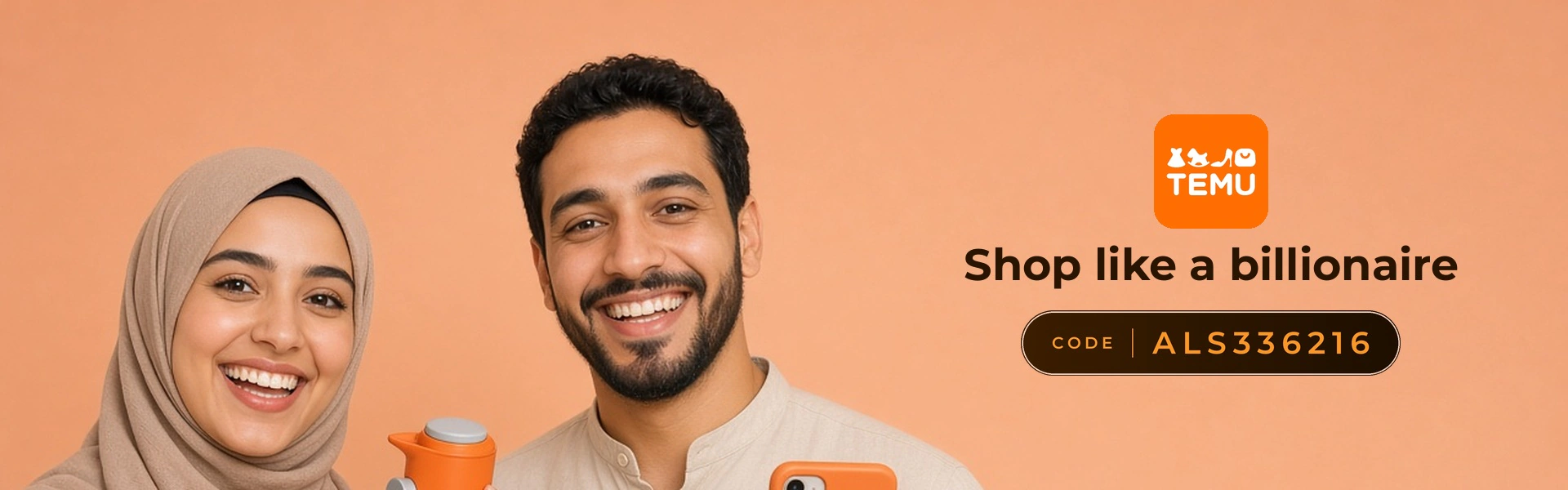 Temu promo code ALS336216 banner with shoppers enjoying gadgets and accessories