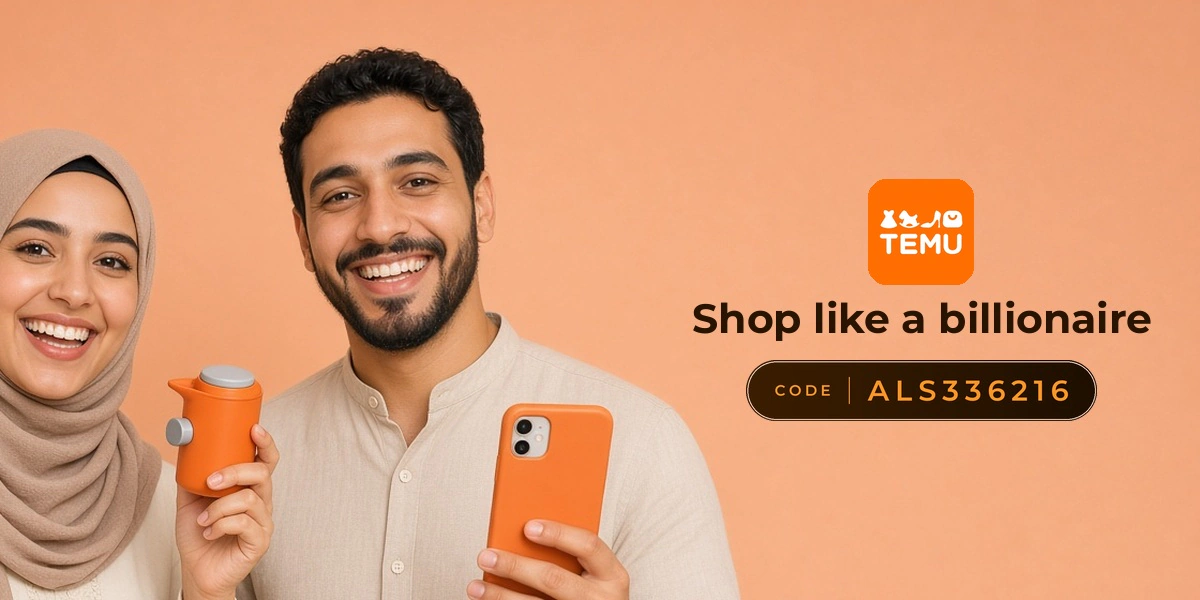 Temu promo code ALS336216 banner with shoppers enjoying gadgets and accessories