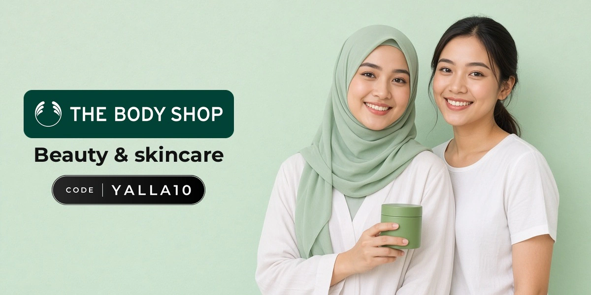 The Body Shop promo code YALLA10 banner with shoppers enjoying skincare