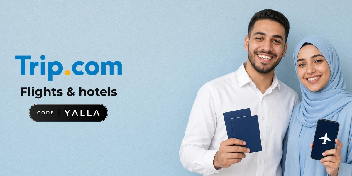 Trip.com promo code YALLA banner with shoppers enjoying travel