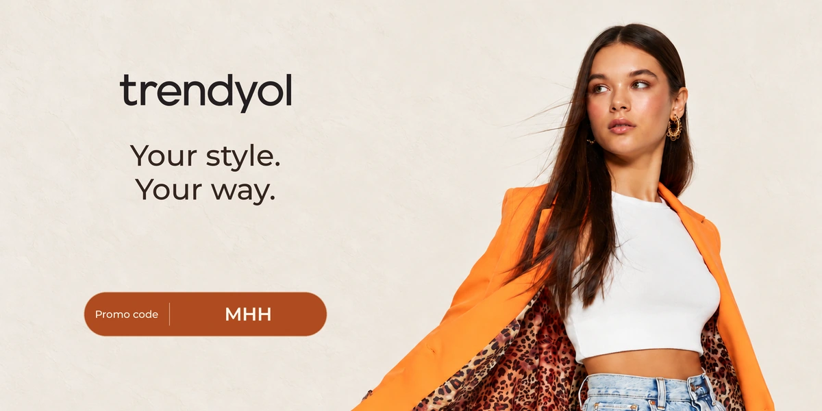 Trendyol promo code YALLA banner with shoppers enjoying bags and knitwear