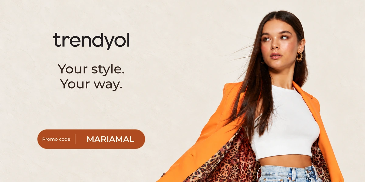 Trendyol promo code YALLA banner with shoppers enjoying bags and knitwear