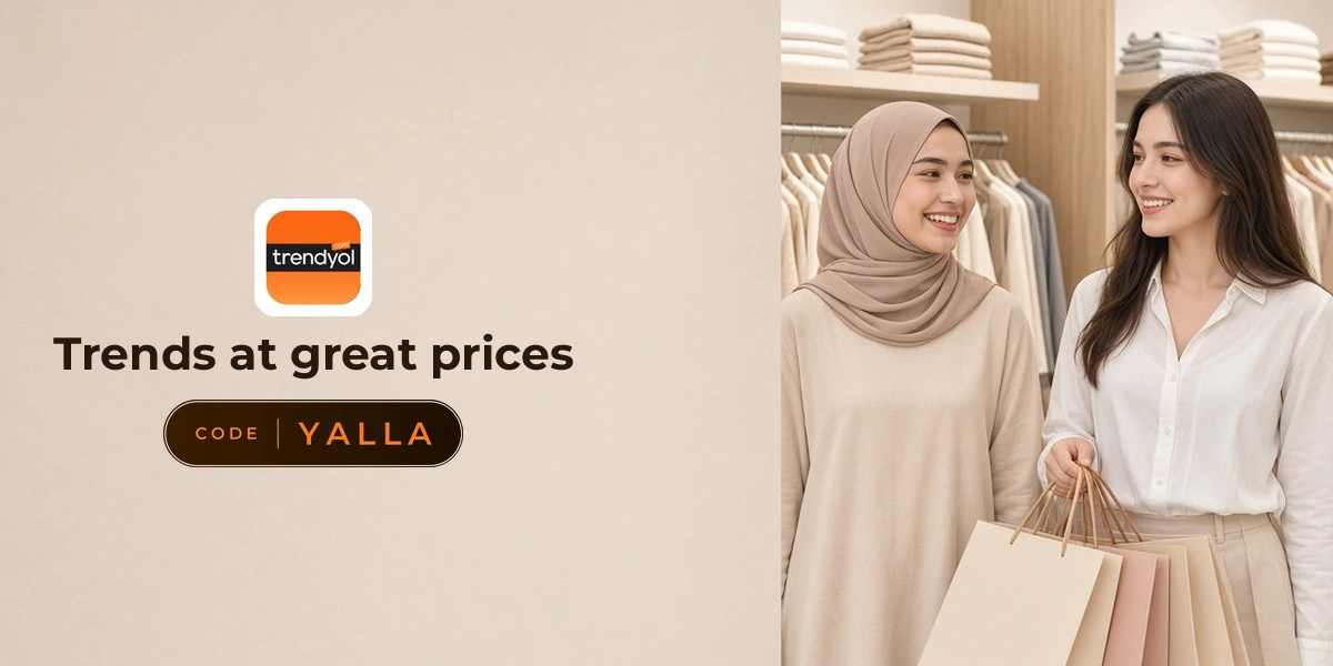 Trendyol promo code YALLA banner with shoppers enjoying bags and knitwear