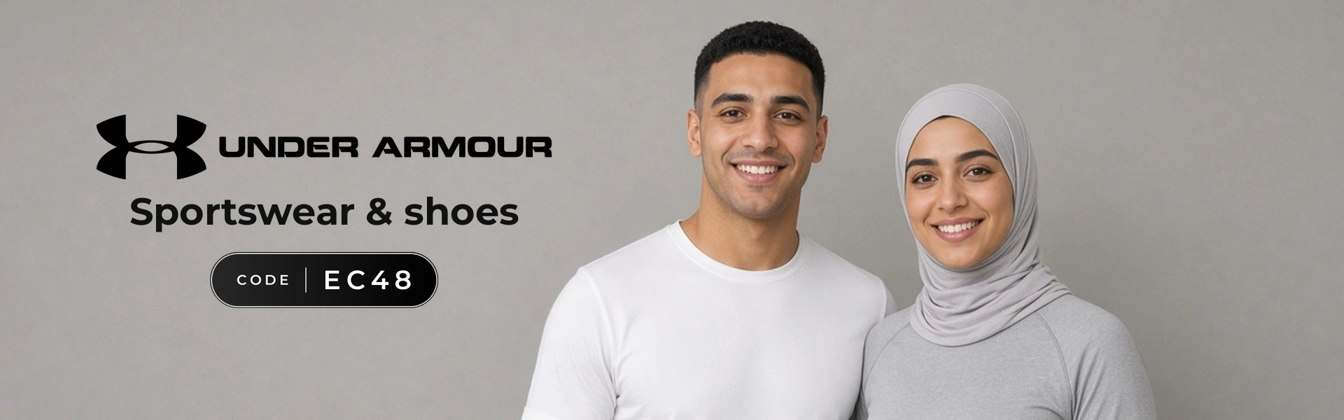 Under Armour promo code EC48 banner with shoppers enjoying sportswear