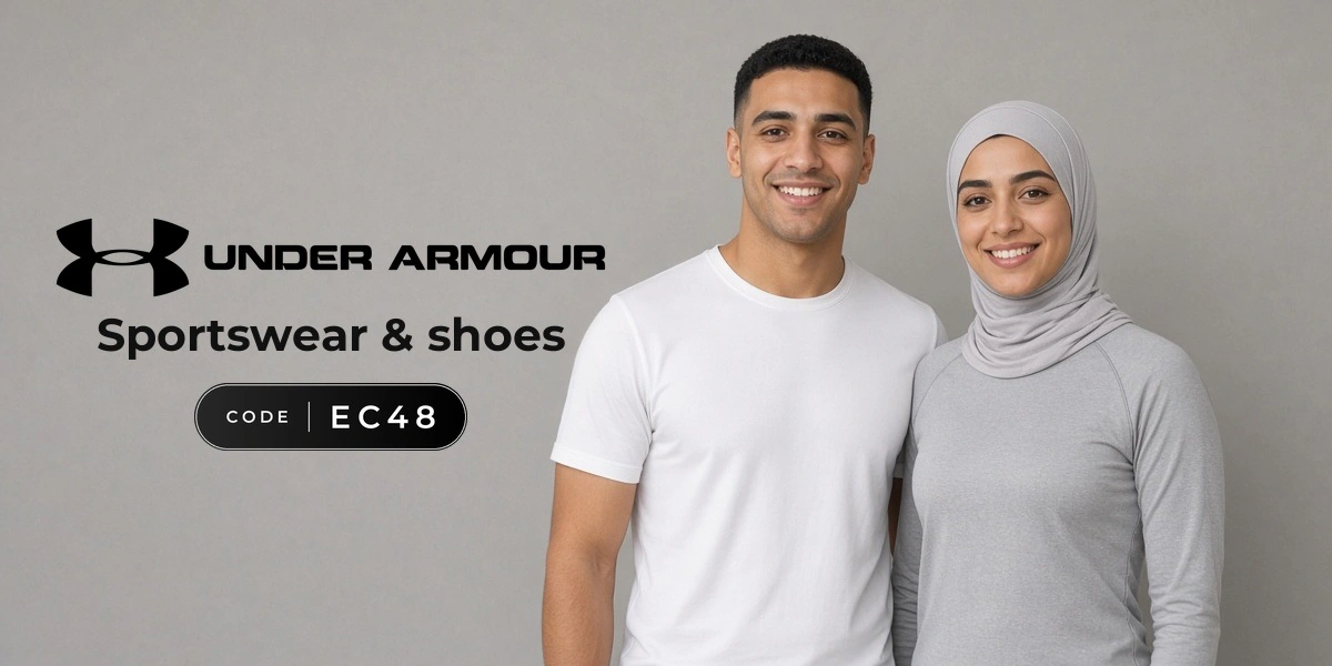 Under Armour promo code EC48 banner with shoppers enjoying sportswear