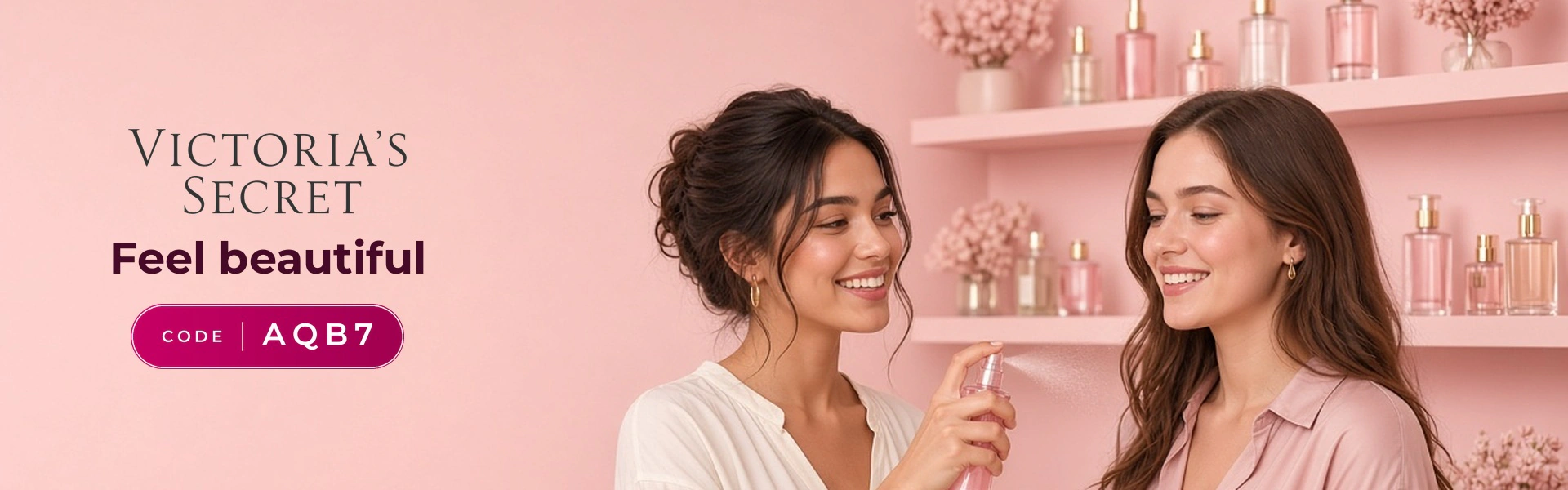 Victoria's Secret promo code AQB7 banner with shoppers enjoying fragrance mists