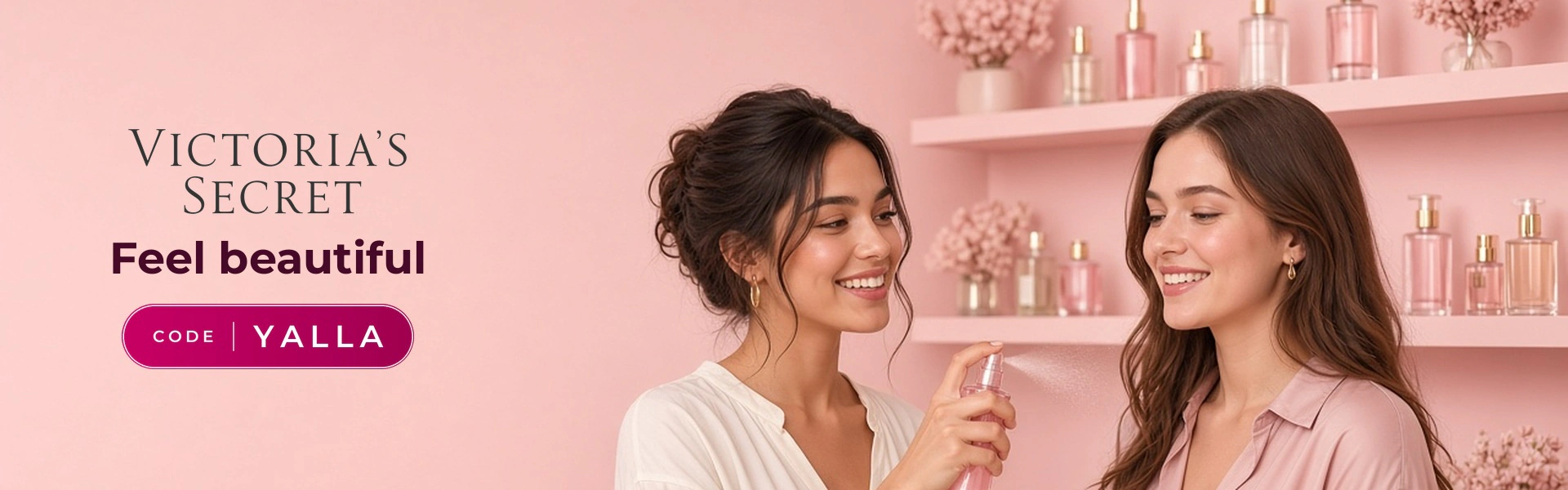 Victoria's Secret promo code YALLA banner with shoppers enjoying fragrance mists