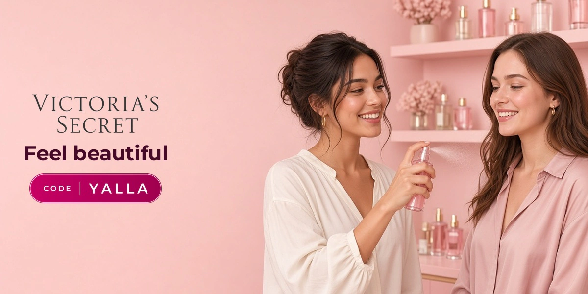 Victoria's Secret promo code YALLA banner with shoppers enjoying fragrance mists