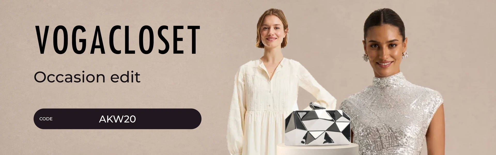 VogaCloset promo code AKW20 banner with shoppers enjoying fashion