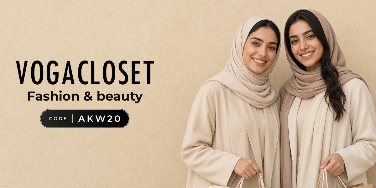 VogaCloset promo code AKW20 banner with shoppers enjoying fashion