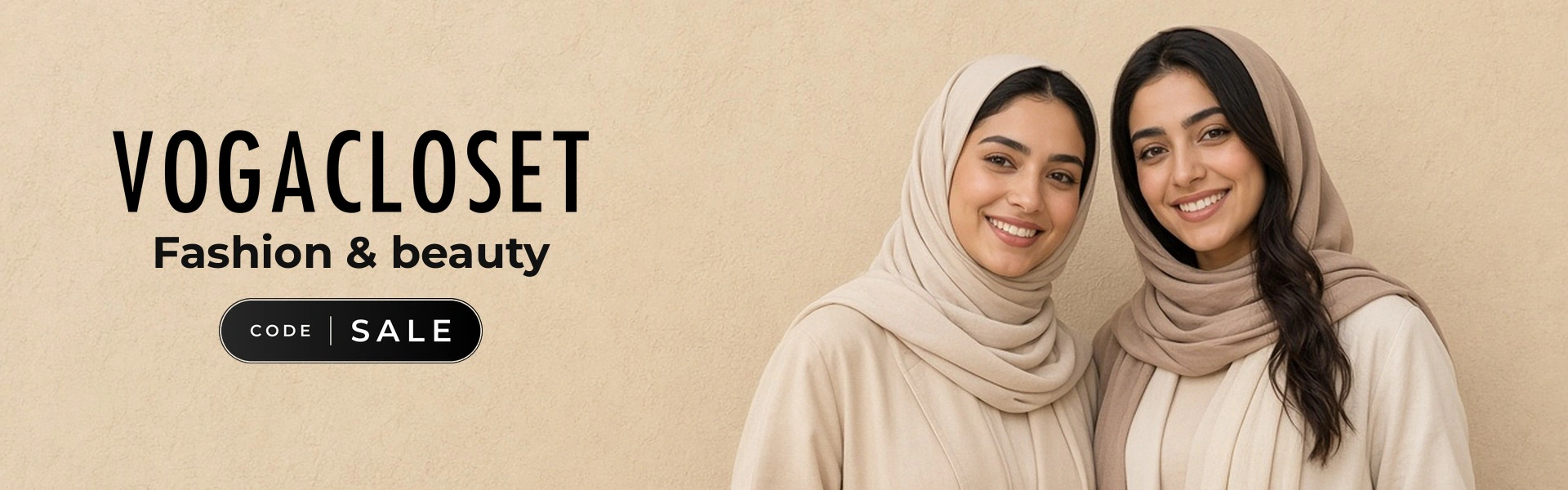 VogaCloset promo code SALE banner with shoppers enjoying fashion