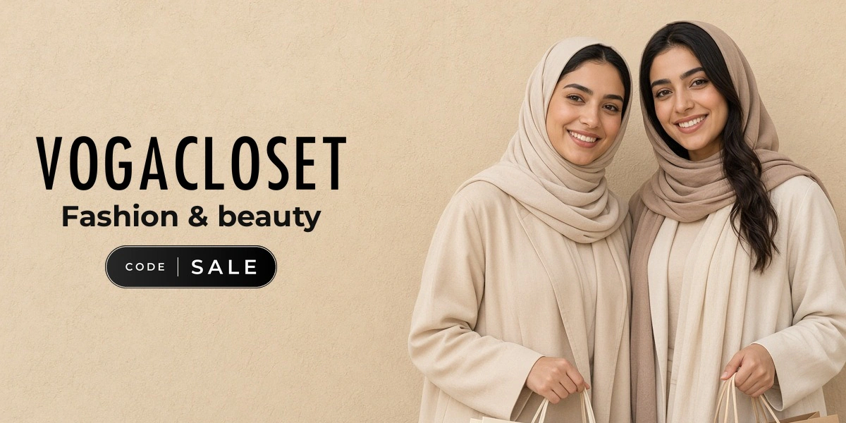 VogaCloset promo code SALE banner with shoppers enjoying fashion
