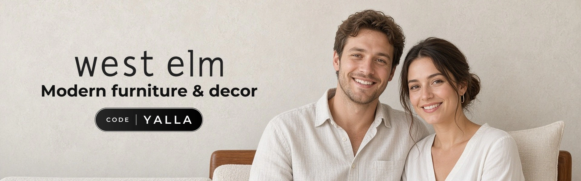 West Elm promo code YALLA banner with shoppers enjoying furniture