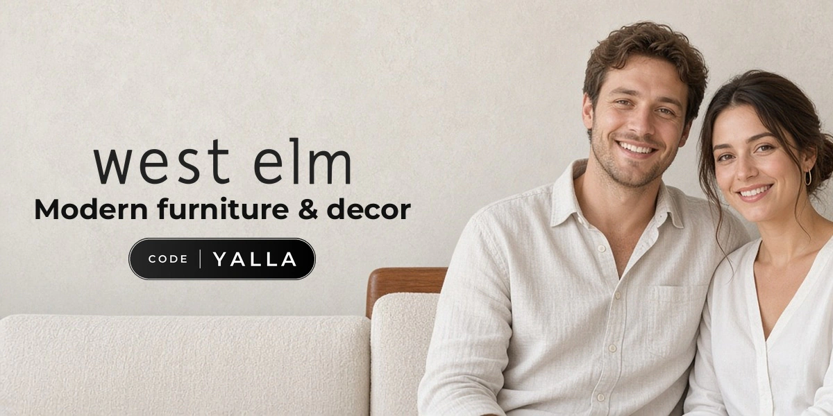 West Elm promo code YALLA banner with shoppers enjoying furniture